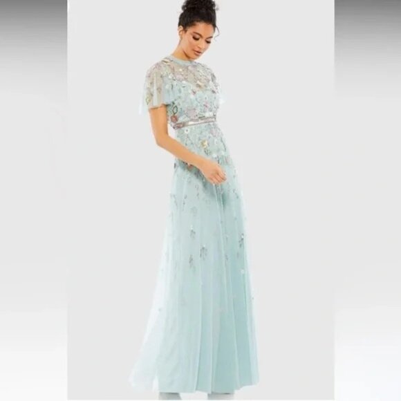 Mac Duggal 9136 Embellished High Neck Butterfly Sleeve Gown Sz 2 NWT Mint Multi - Picture 2 of 10